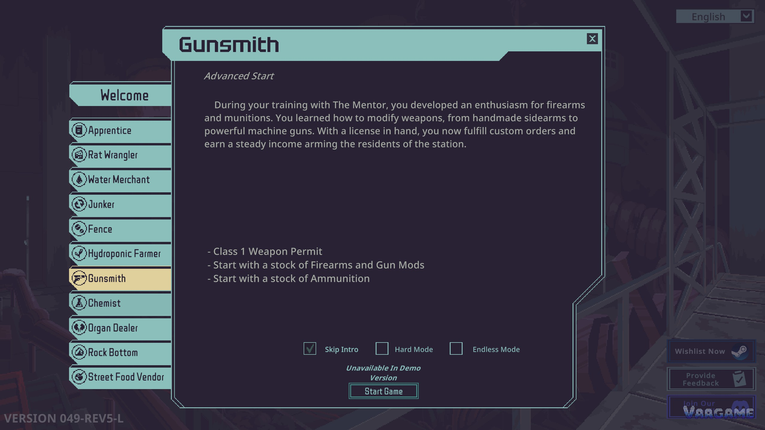 Skip Intro, Hard Mode, and Endless Mode toggles under every scenario