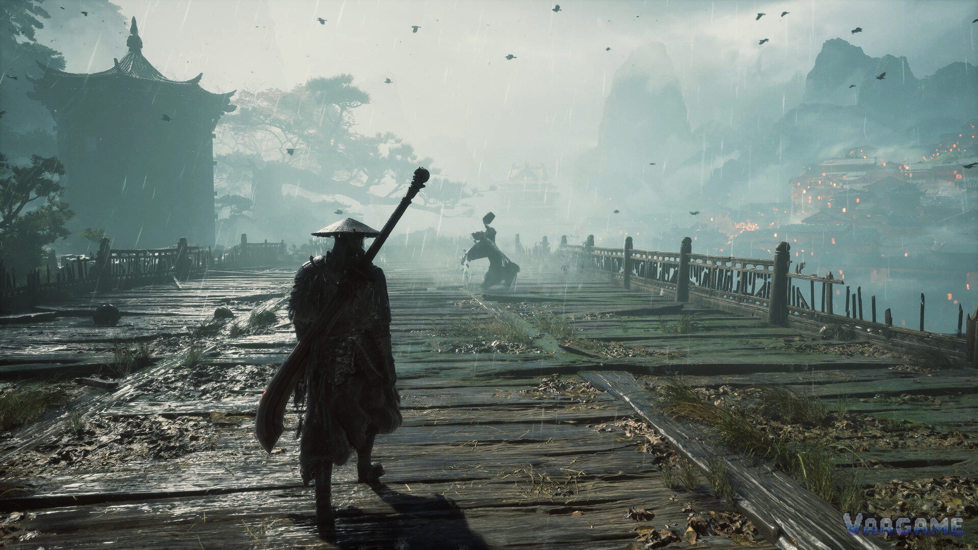 Soul walks a rainy bridge toward a distant figure