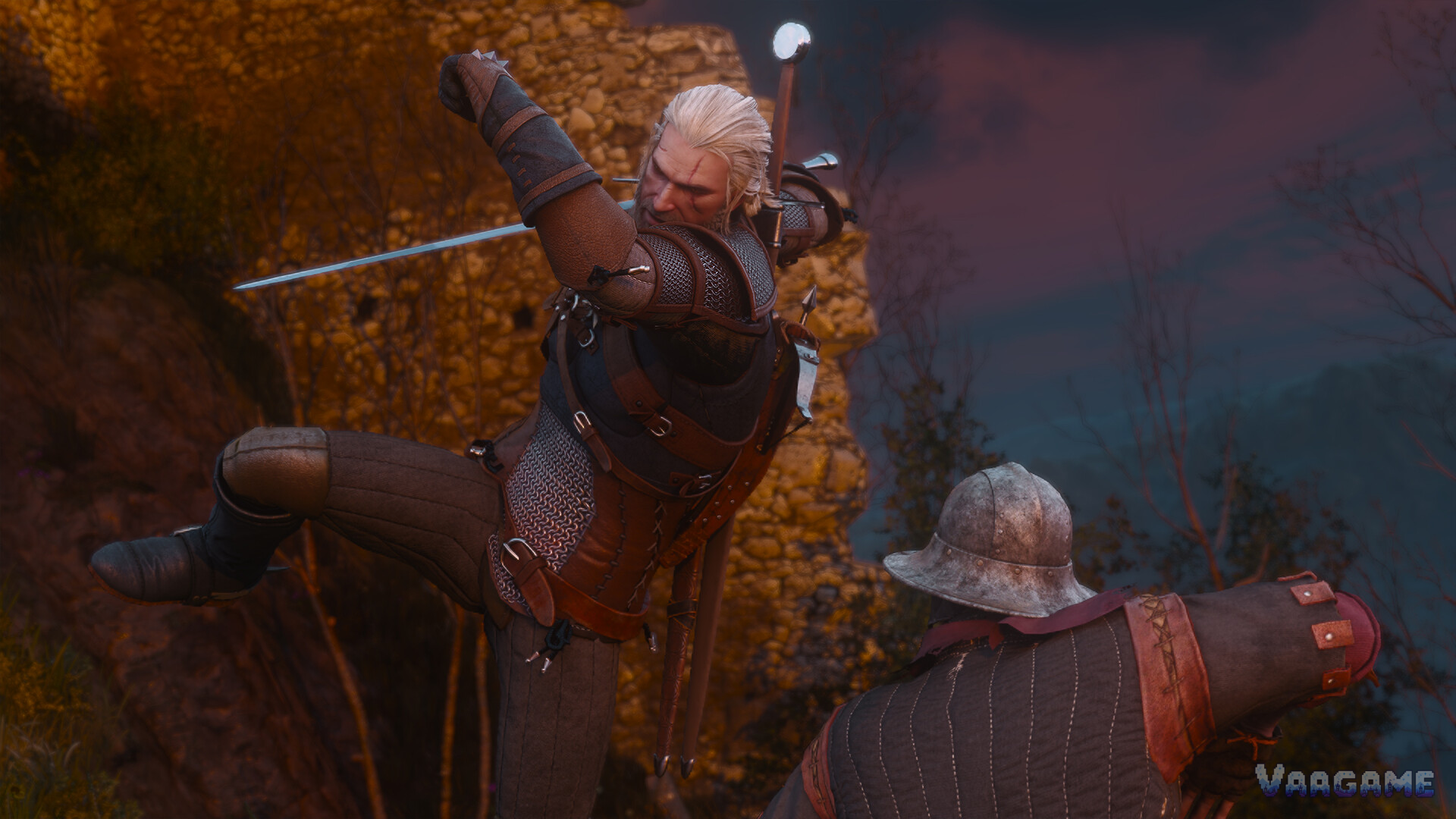 Geralt mid-leap, delivering an overhead strike against a helmeted soldier at dusk