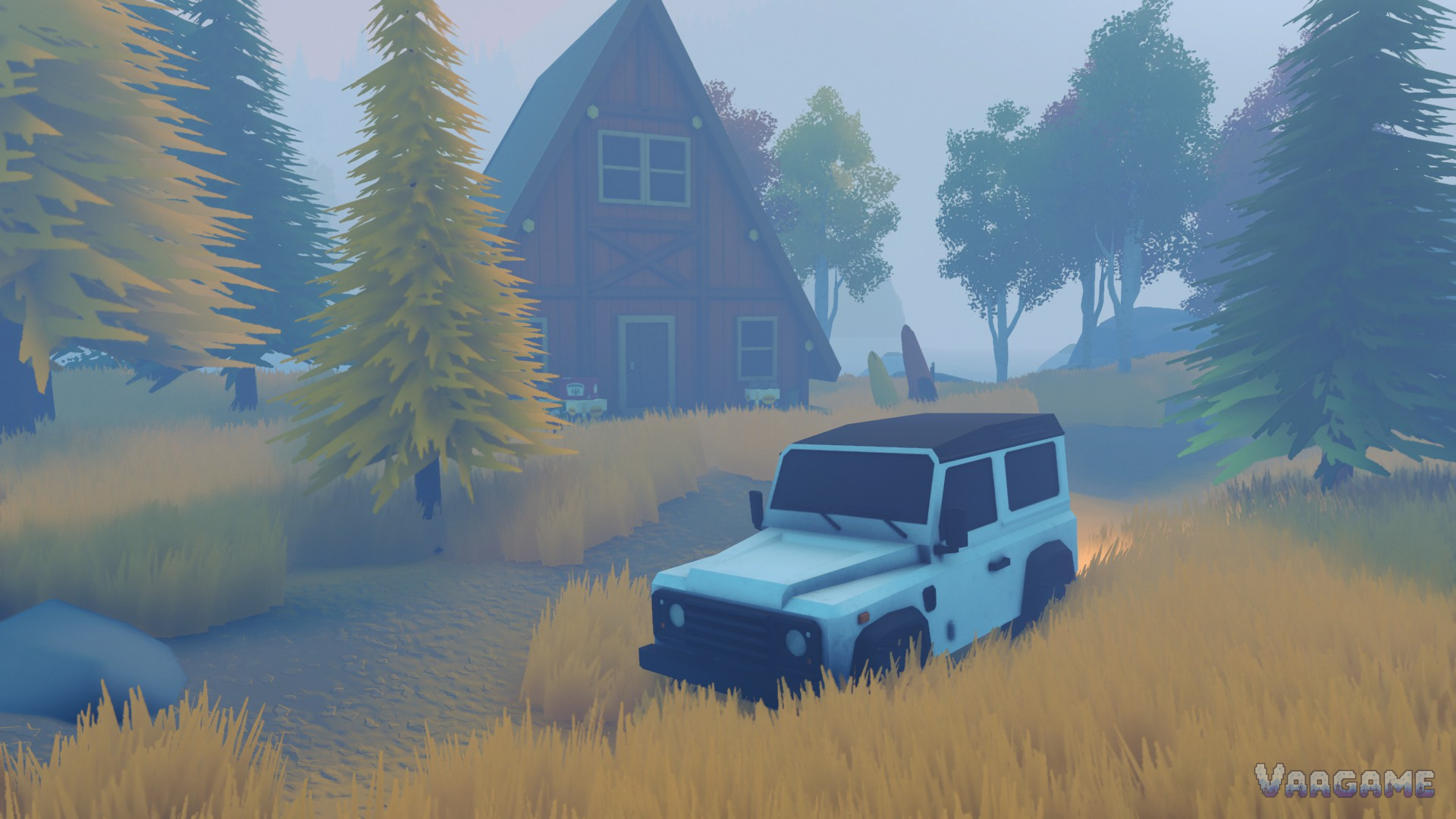 A white 4x4 in morning fog outside an A-frame cabin, pines fading into the mist