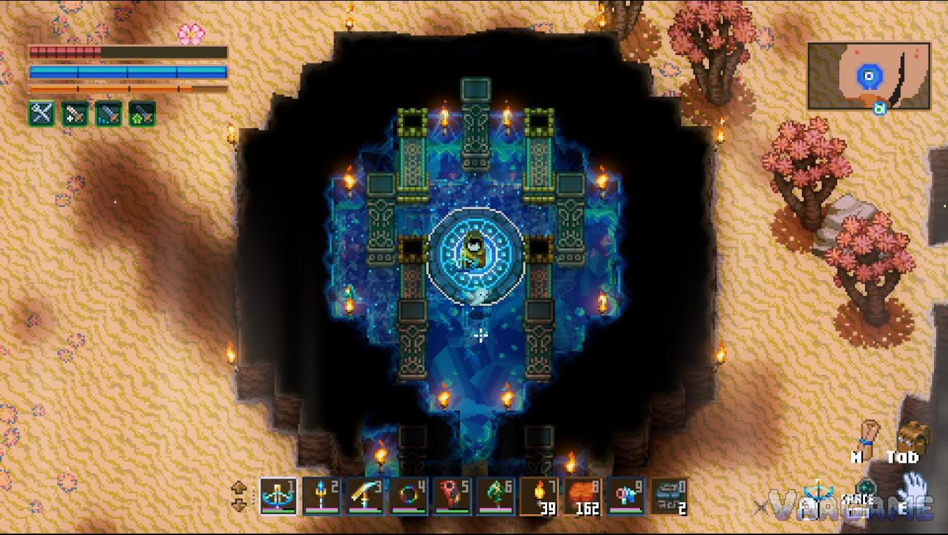 A portal waiting inside a desert crystal cave, torches lit around the stone pillars