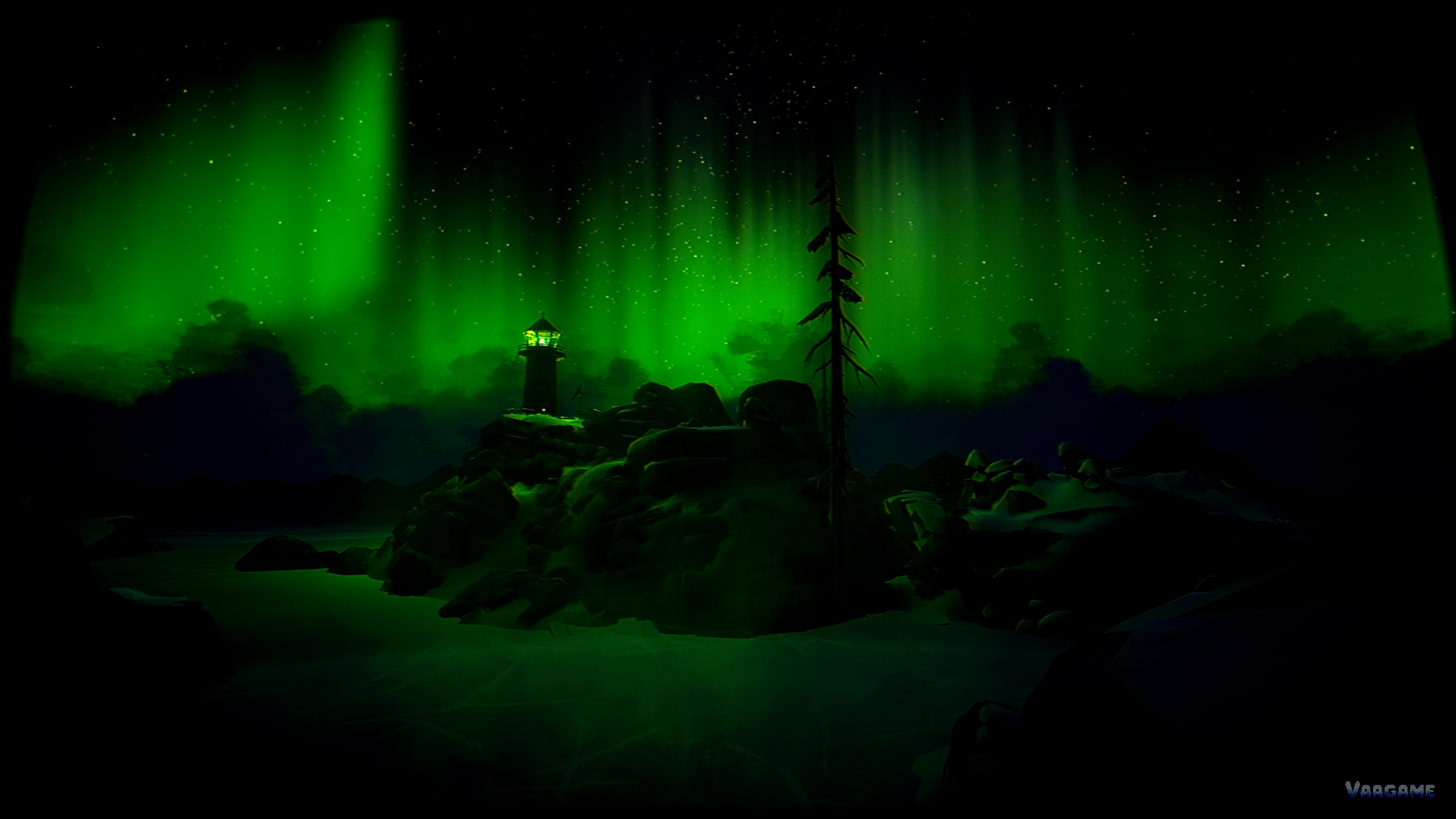 Green aurora over a lighthouse on the coast