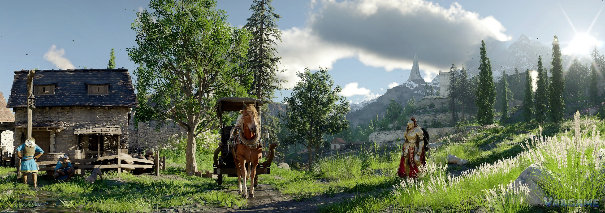 A rider leaving a village: faction tasks and main chapters interleave along the same roads.