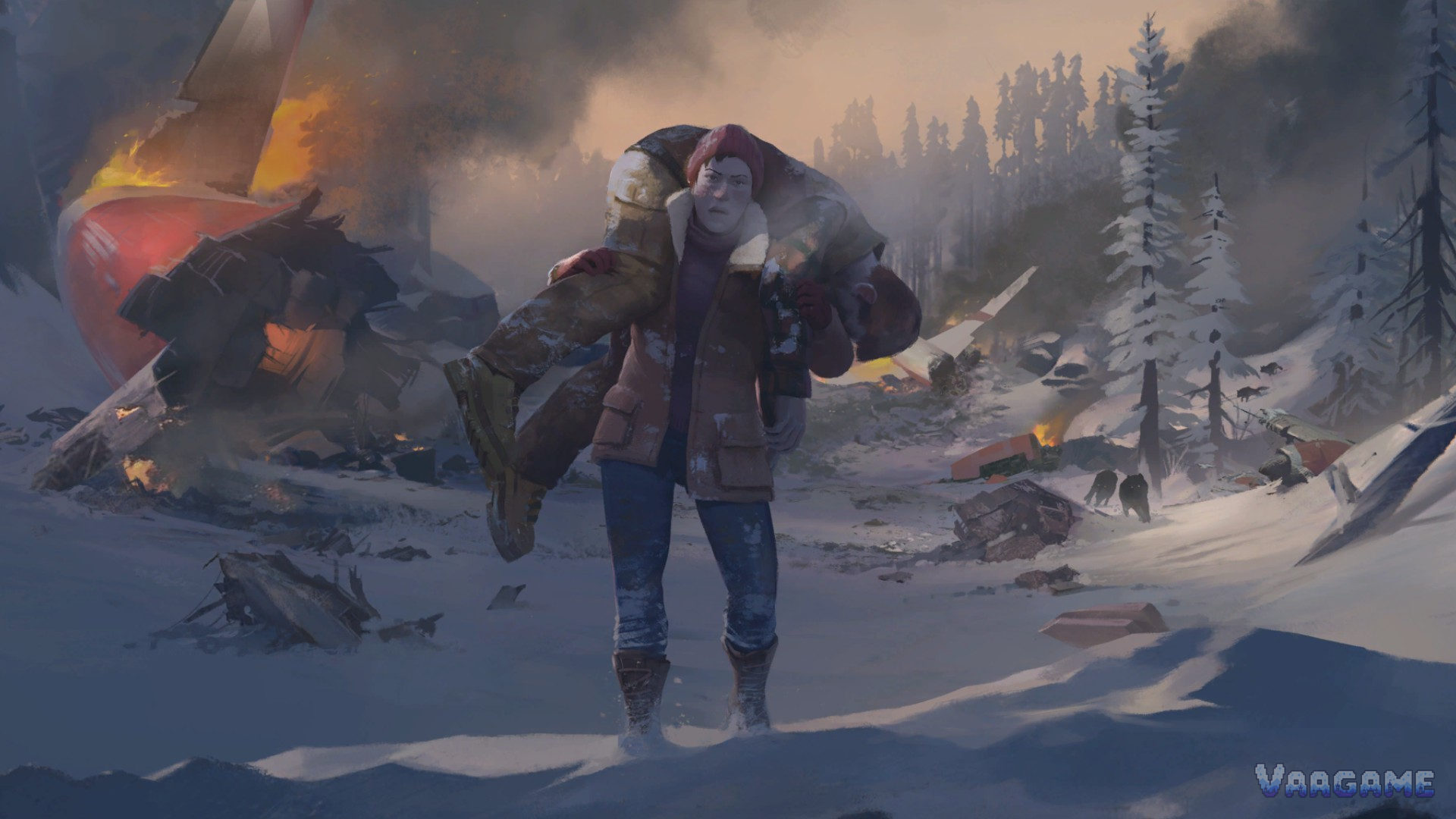 Survivor carrying an injured companion from a crash