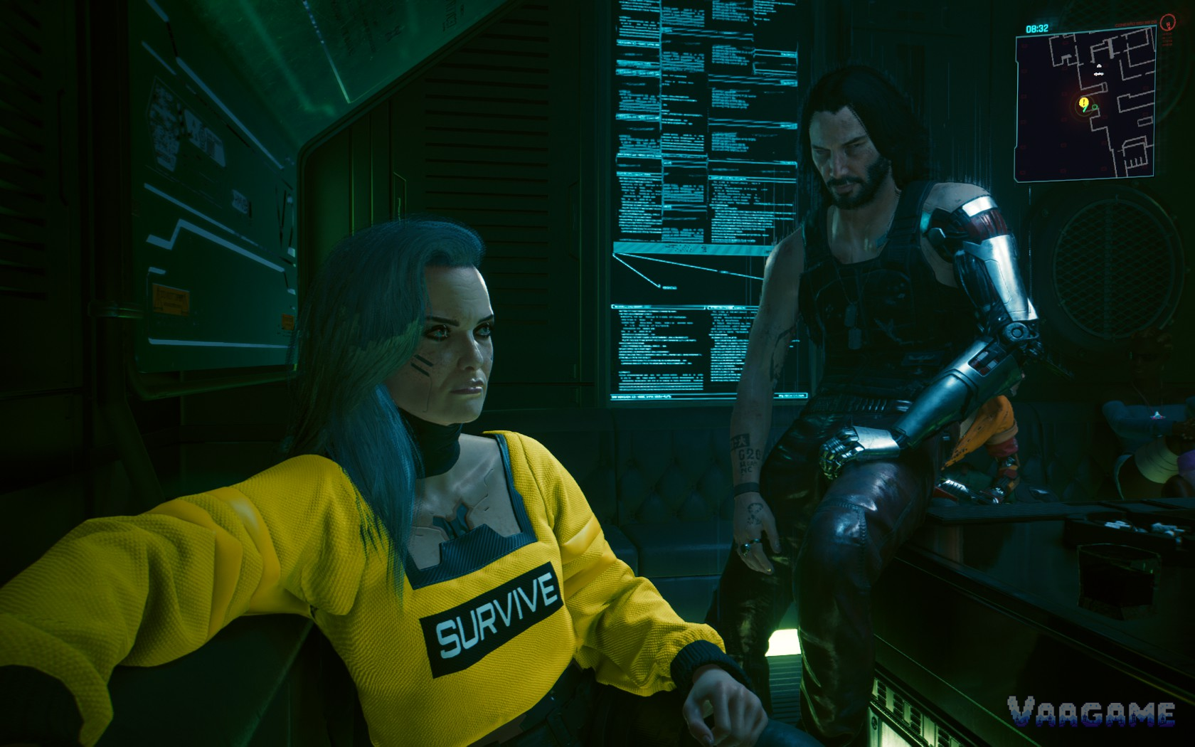 V with a silver cyberware arm beside Johnny Silverhand in a dark room