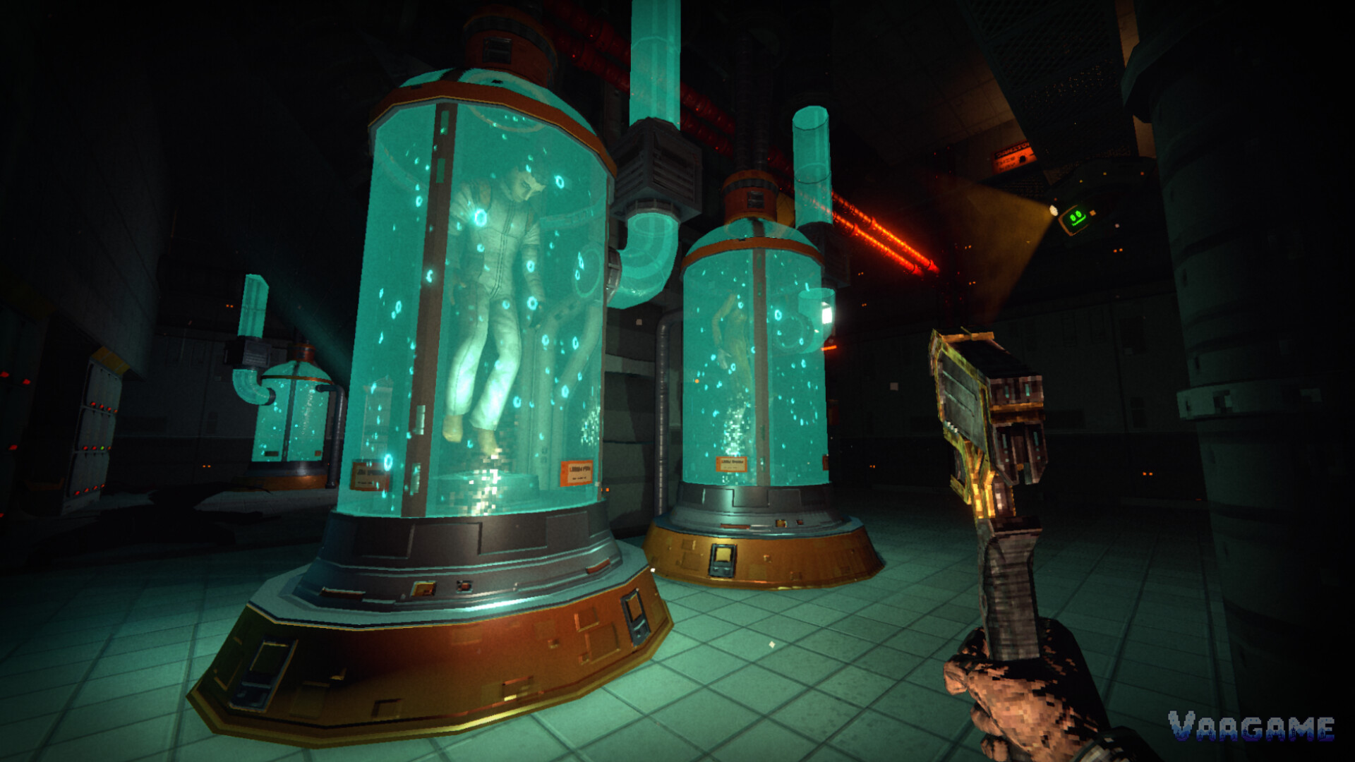 Rows of teal stasis pods with bodies floating inside