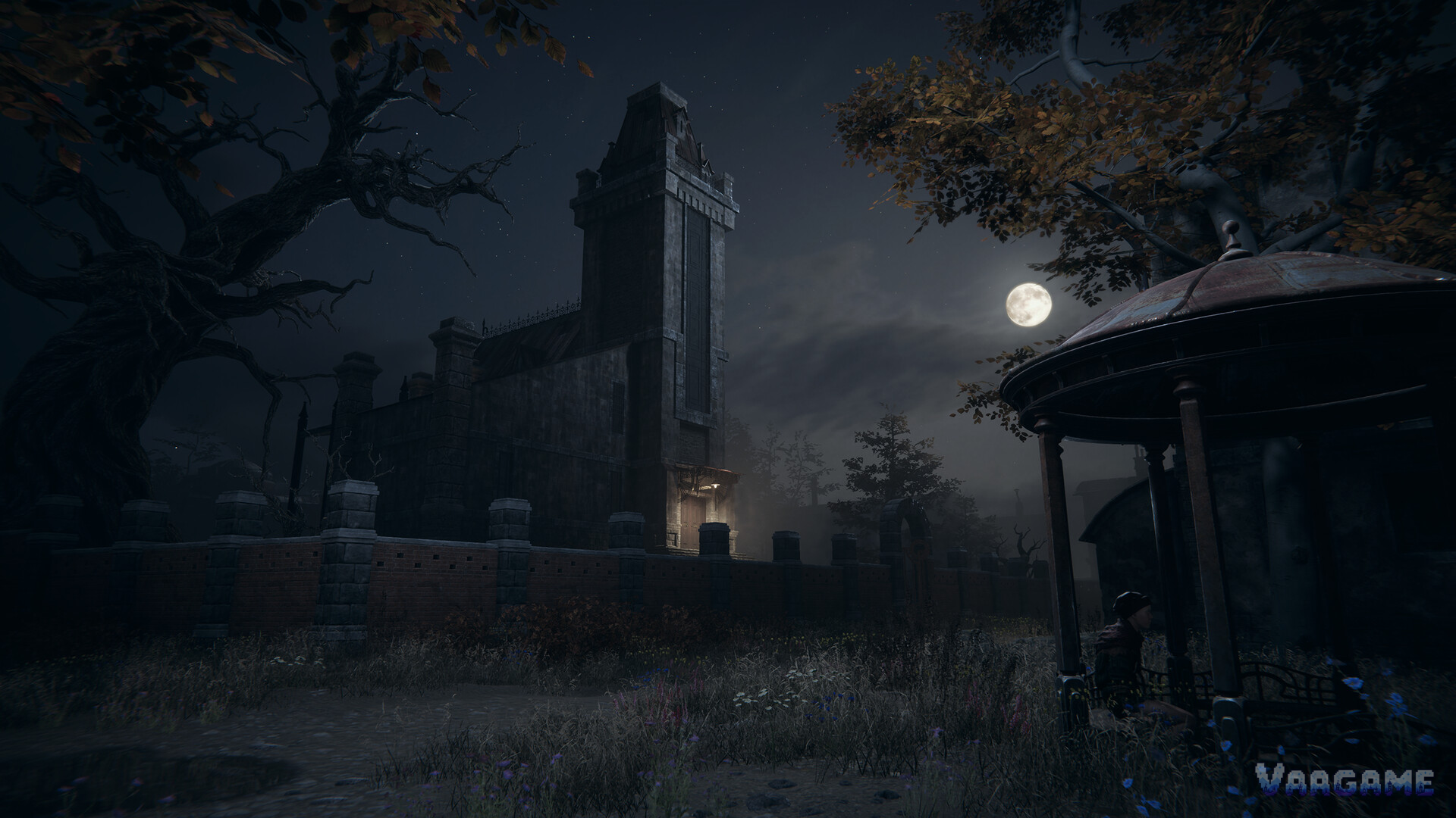 Moonlit night scene in Pathologic 3 with a clock tower over a walled estate