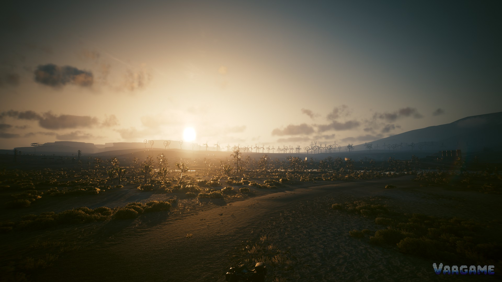 Badlands sunset with wind turbines in Cyberpunk 2077