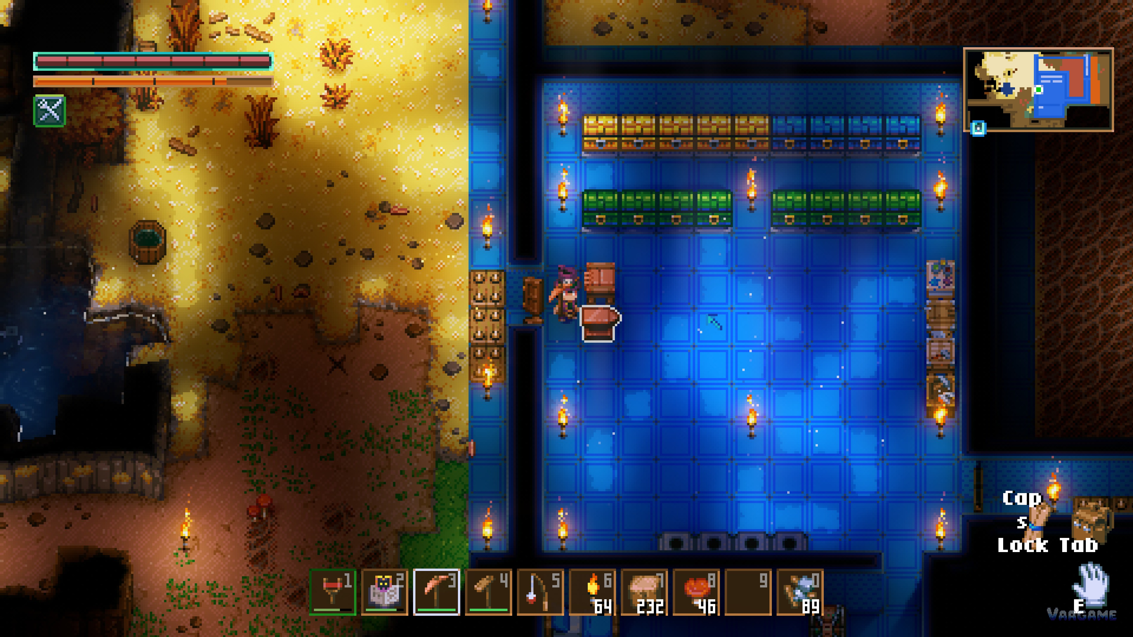 A desert base storage room in sharp detail, chests and stations neatly arranged