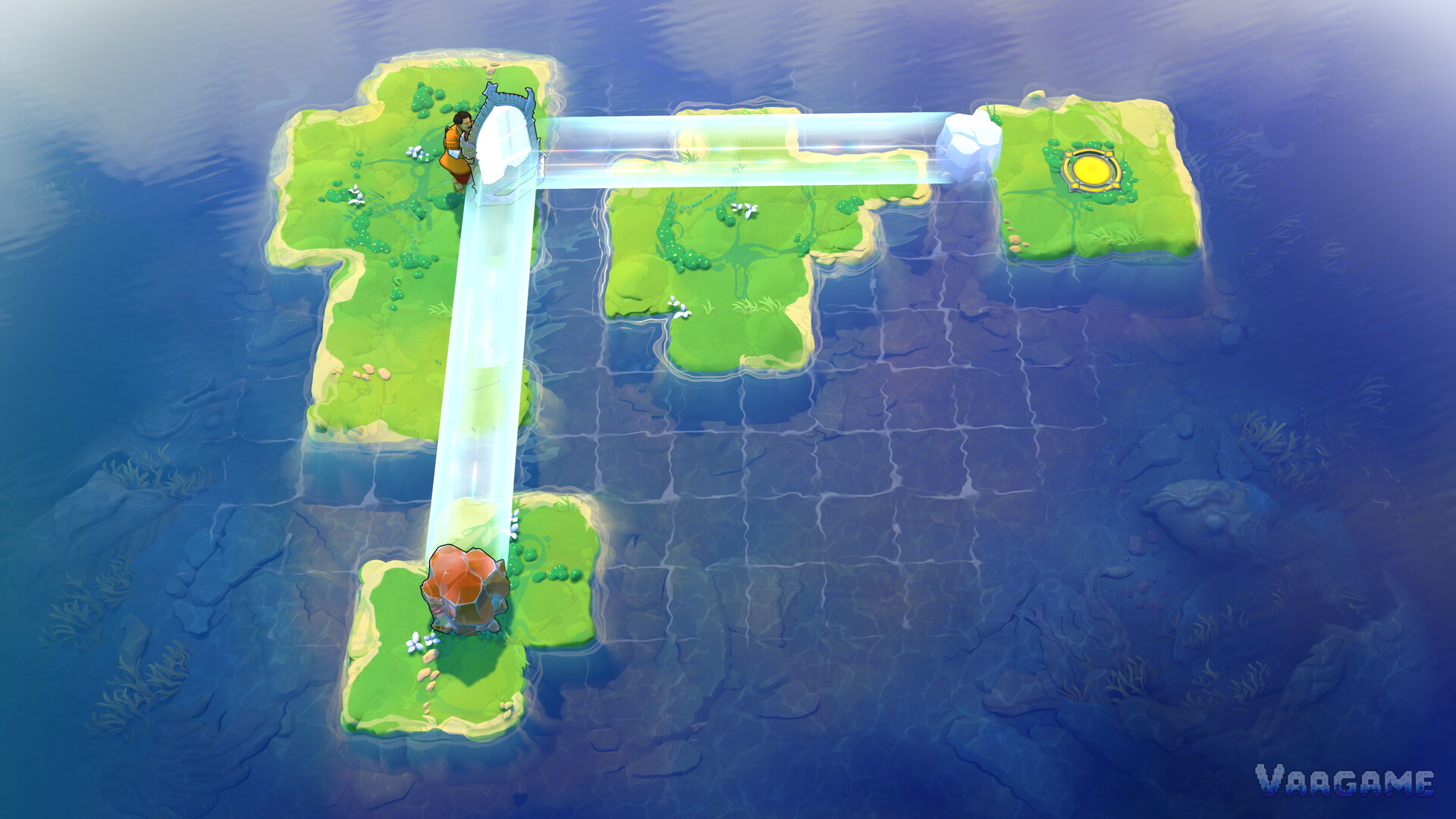 A water puzzle in Order of the Sinking Star where beams of ice link small islands
