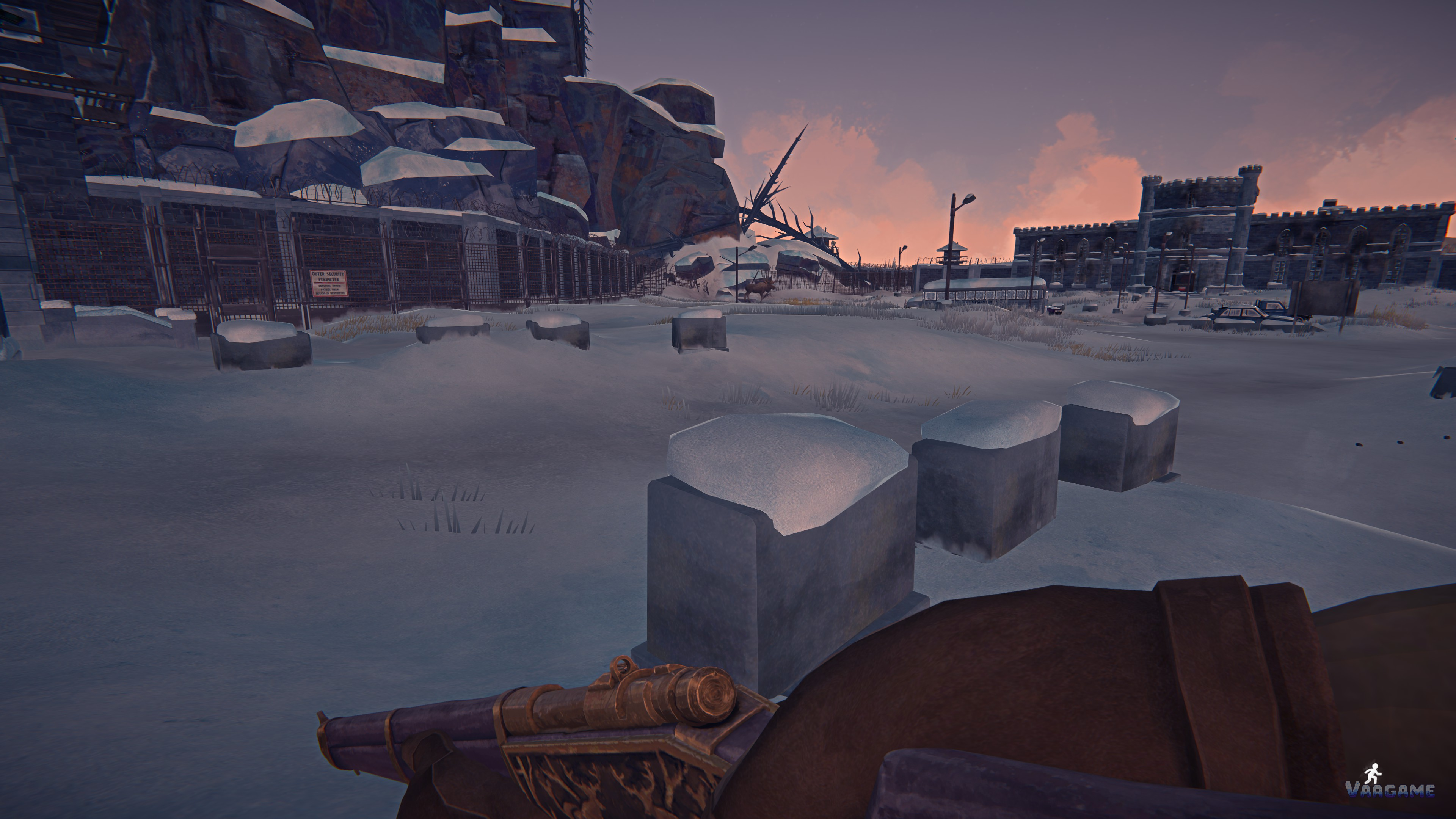 Rifle in hand in a snowy settlement at dusk