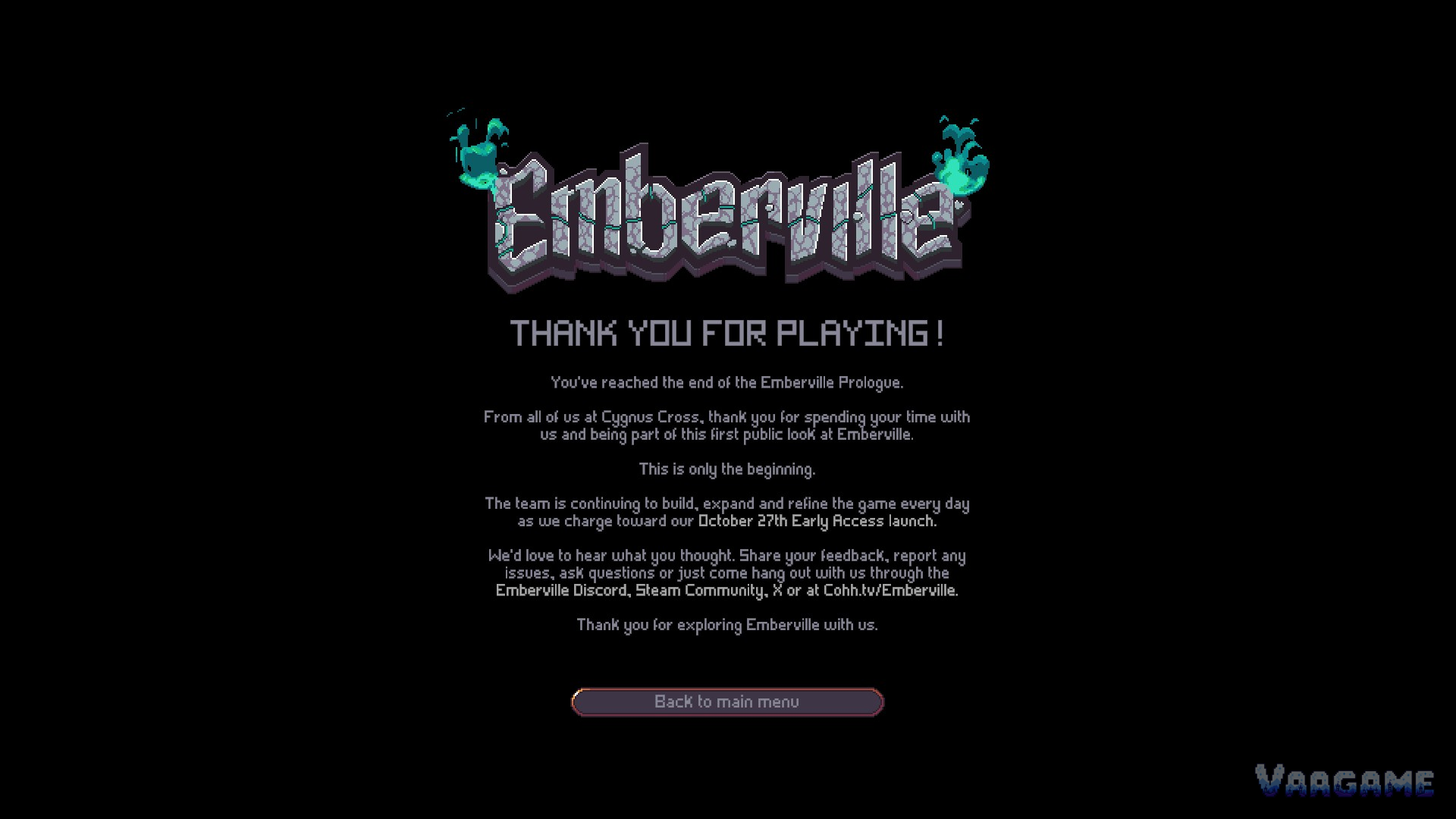 The Prologue end screen: everything it promises depends on the save and settings carrying over cleanly