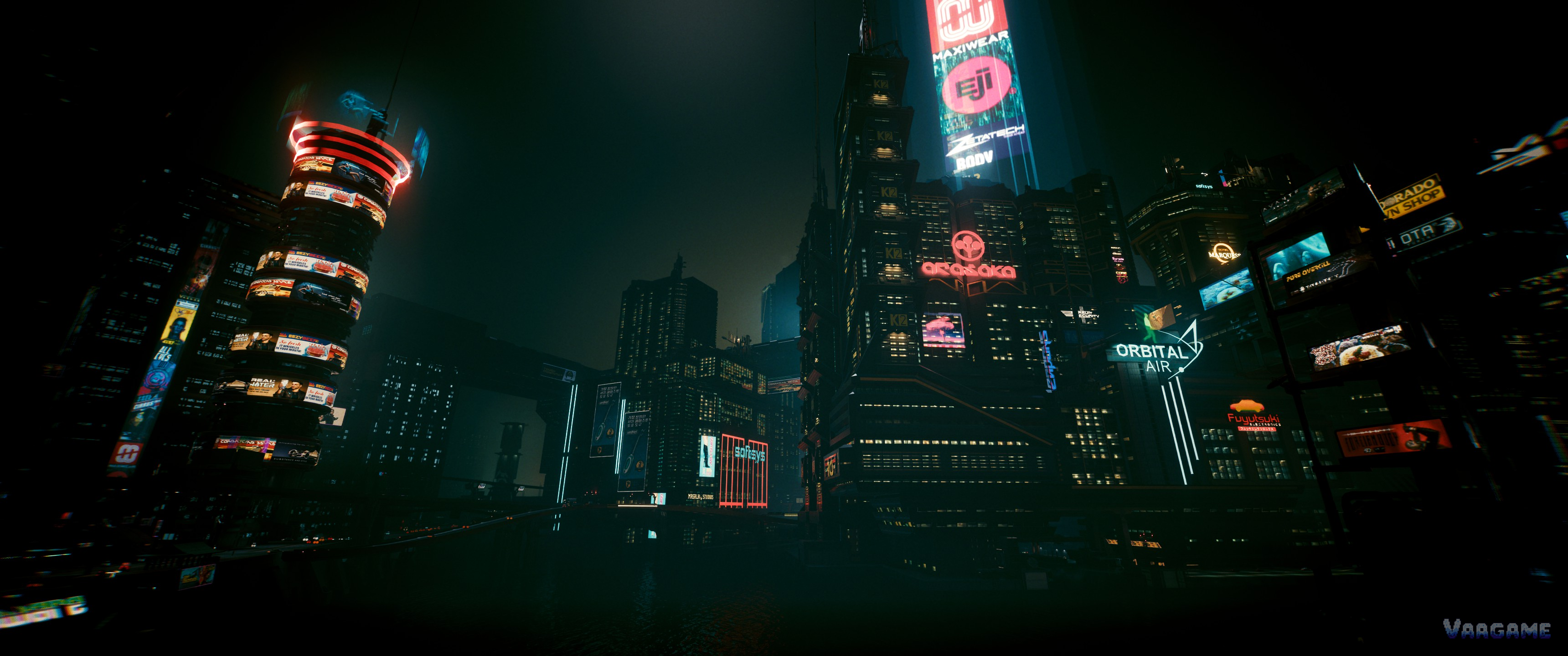 Night City skyline with Arasaka tower lit up in Cyberpunk 2077