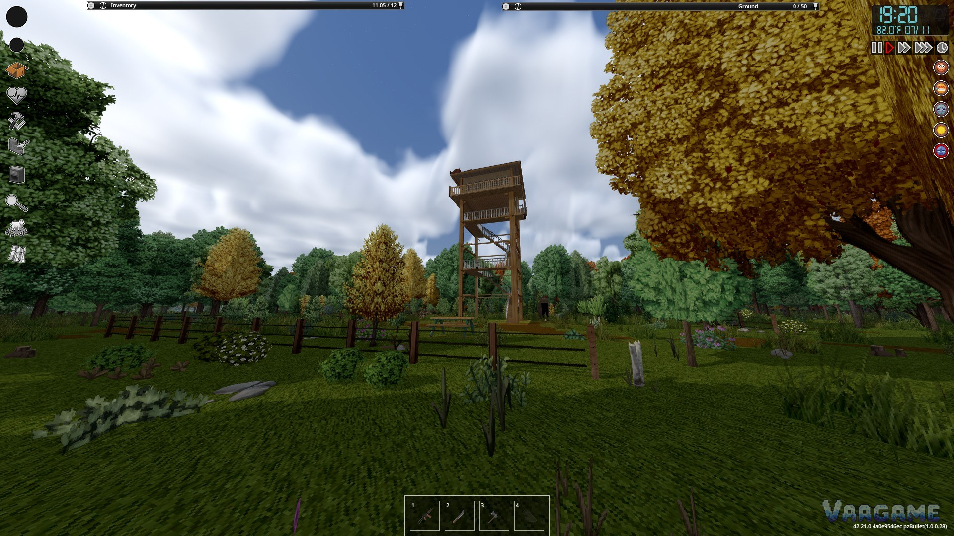 First person view across a field toward a wooden watchtower under volumetric clouds