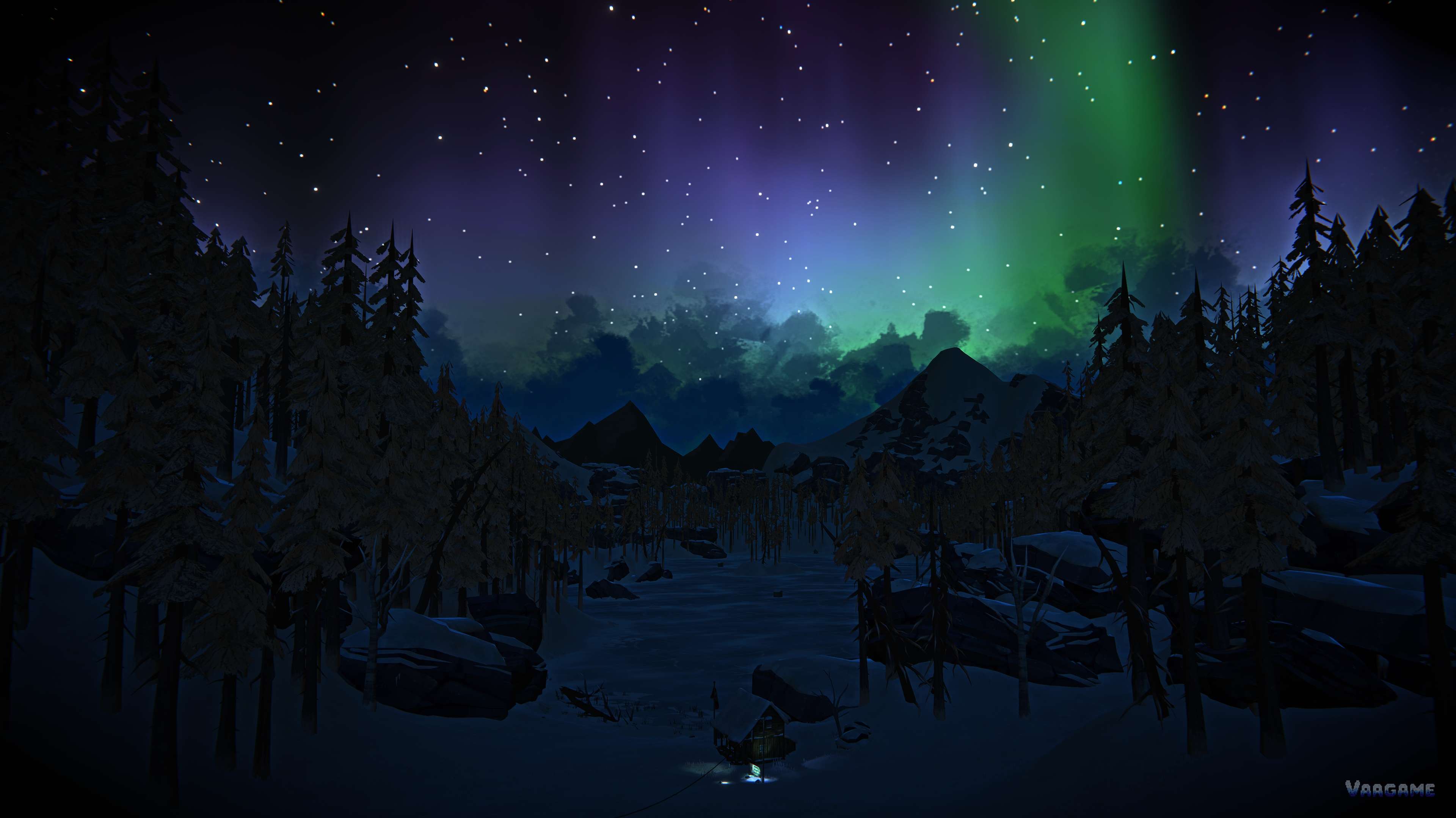 Aurora valley with a small campfire below