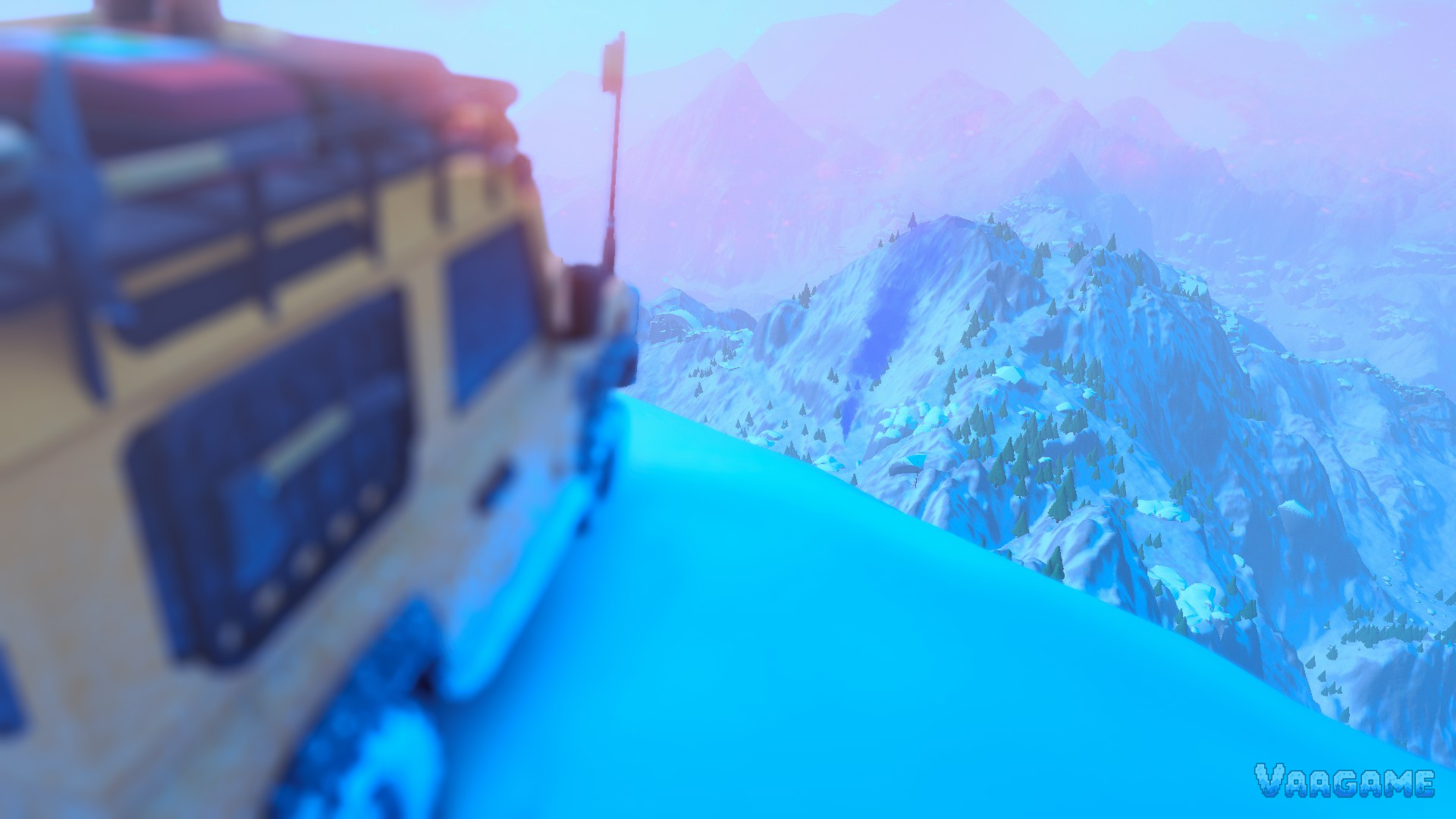 Photo mode view past a blurred expedition truck to a vast snowy mountain range